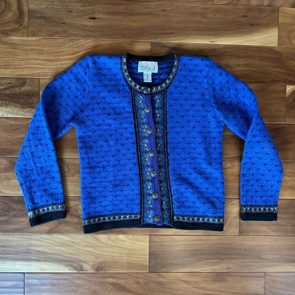 Tally Ho 100% Wool Blue & Black Cardigan Sweater size Petite Small - Picture 1 of 4